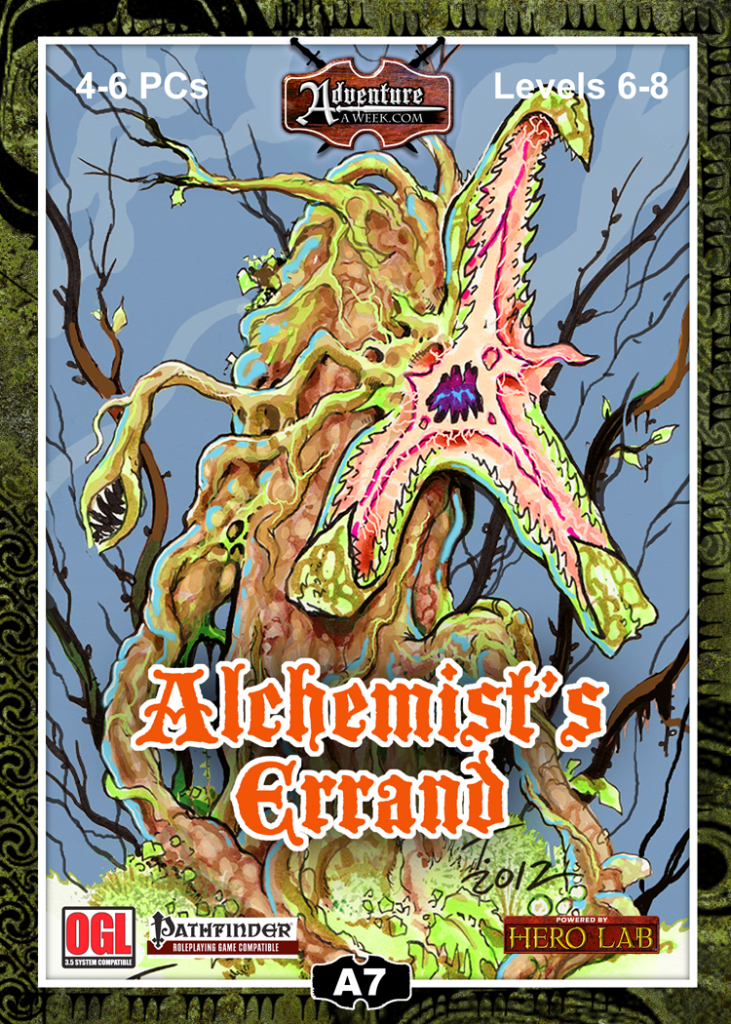 A mutated carnivorous plant opens it's jaws ready to capture it's prey.  Cover reads: "Alchemist's Errand". Pathfinder compatible.