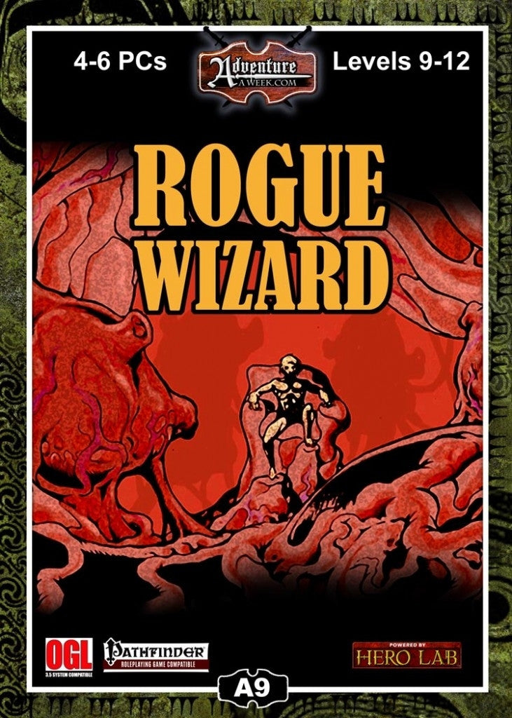 A lone humanoid sits naked on a throne inside a cavern.  The cavern and throne are composed of organic tissue -- there is a heart, lungs and intestines, etc. Cover reads: "Rogue Wizard". Pathfinder compatible.
