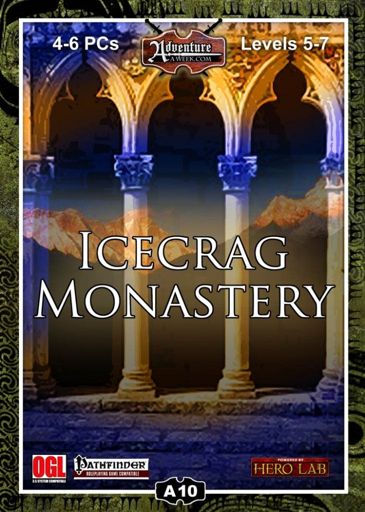 Ancient architectural pillars have stood the test of time atop the jagged mountain peaks.  Cover reads: "Icecrag Monastery". Pathfinder compatible.