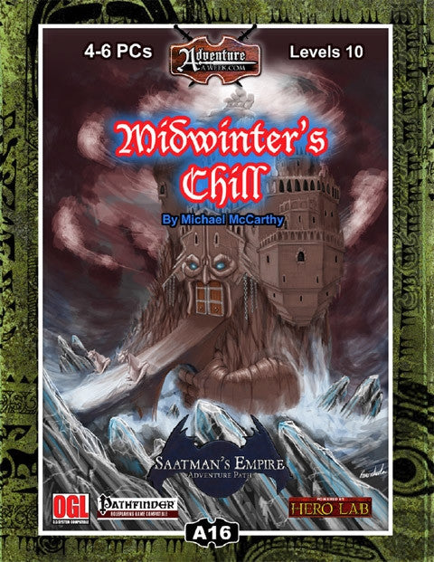 A stronghold bears the resemblance of a man with windows for eyes and a double door for his mouth.  Wind whips and waves crash against the base of the island cliff.  Cover reads: "Midwinter's Chill".  Pathfinder compatible.