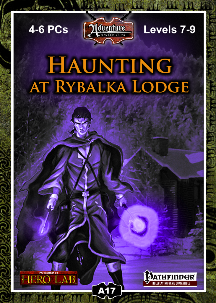 A serious young man in robes carries a wand and scepter that glow with mystic energy.  Cover reads: "Haunting at Rybalka Lodge".  Pathfinder compatible.