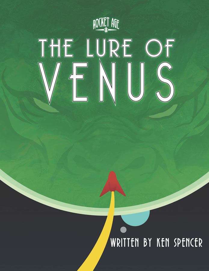 A rocket approaches a green planet.  The face of a large humanoid beast is superimposed in over the image of Venus. Cover reads: "Rocket Age: The Lure of Venus".