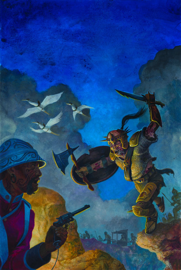 The undead forces are marching in the background.  A British soldier wears a helmet decorated with tribal patterns that mirror his facial tattoos.  An undead zombie warrior is charging from above with a large dagger and battle axe.  Bird riders can be seen flying overhead.