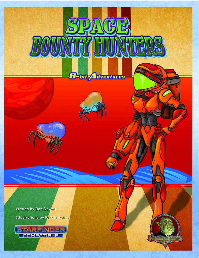 A female humanoid stands relaxed in mech space armor.  Her green space mask conceals her identity. Creepy crab-legged jellyfish float in the current behind her. Cover reads: "Space Bounty Hunters: 8-bit Adventures".