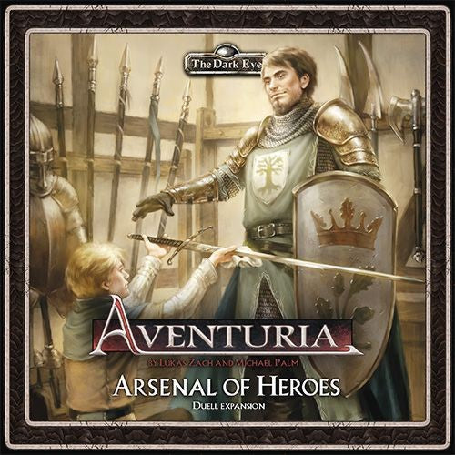 Inside the armory,  young squire holds a two-handed longsword for his liege's approval. This knight in fine armor looks to be preparing for a dual. Cover reads: "Aventuria: Arsenal of Heroes".