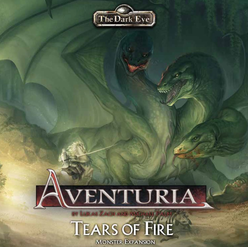 A massive 3-headed dragon is ready to devour a lance-wielding knight on horseback.  The horse rears back in protest. Cover reads: "Aventuria: Tears of Fire".