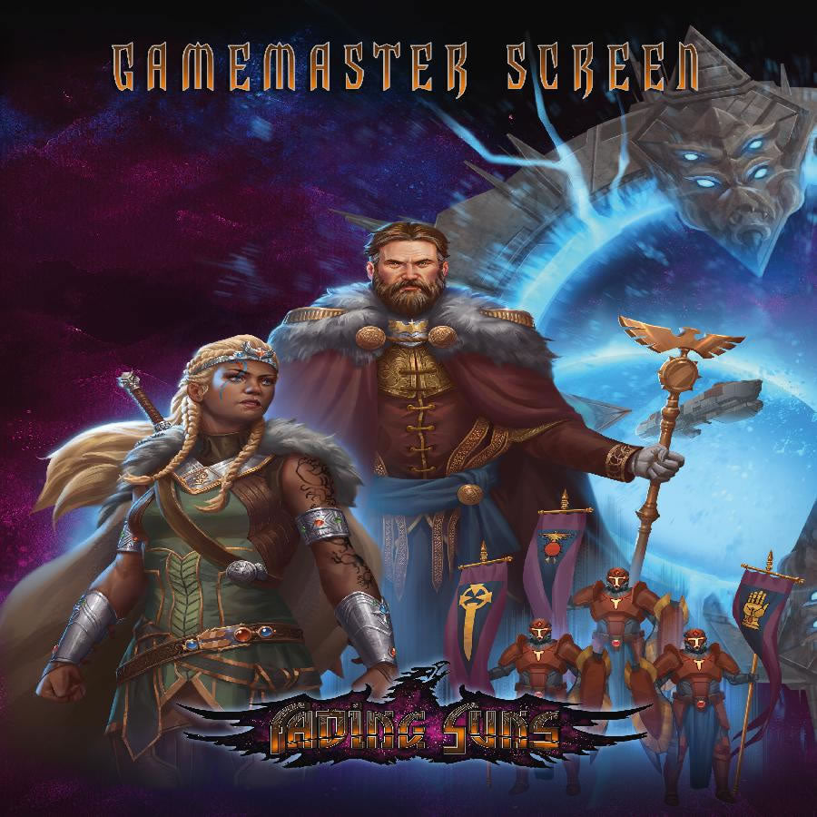 Star ships travel through a jump gate as energy ripples all around the massive structure. A man dressed regally holds a golden scepter with an eagle crest. An elven woman stands firmly. Guards stand with shield and banners. Text reads: "Fading Suns: Gamemaster Screen".