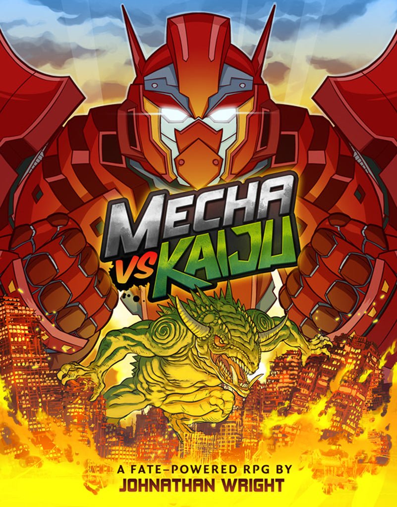 A giant green lizard with spiked scales large horns wreaks havoc upon the city.  The larger image shows a giant mech warrior.  Cover reads: "Mecha vs Kaiju".