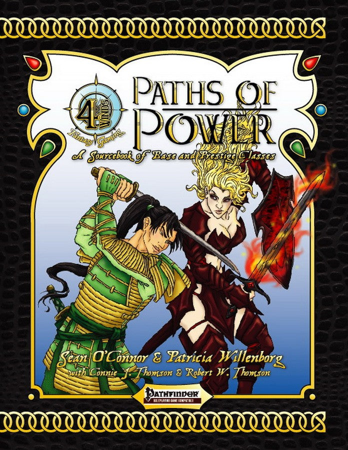 A male samurai in green holds his katana ready to strike.  A female fighter in red plate armor wields a shield and sword with mystical fire emanating all around it.  Cover reads: "Paths of Power: A Sourcebook of Base and Prestige Classes".