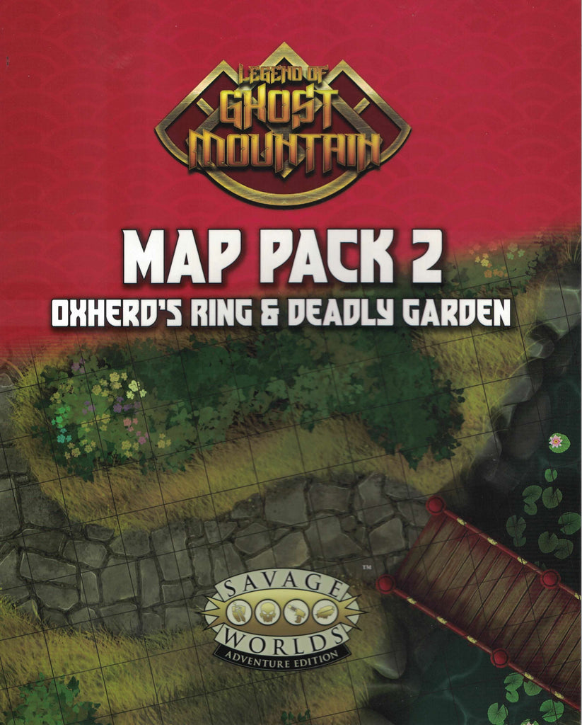 A cropped image of the Deadly garden map featuring a stone garden path and bridge of a small stream. Cover reads: Legend of Ghost Mountain, Map Pack 2, Oxherd's Ring & Deadly Garden