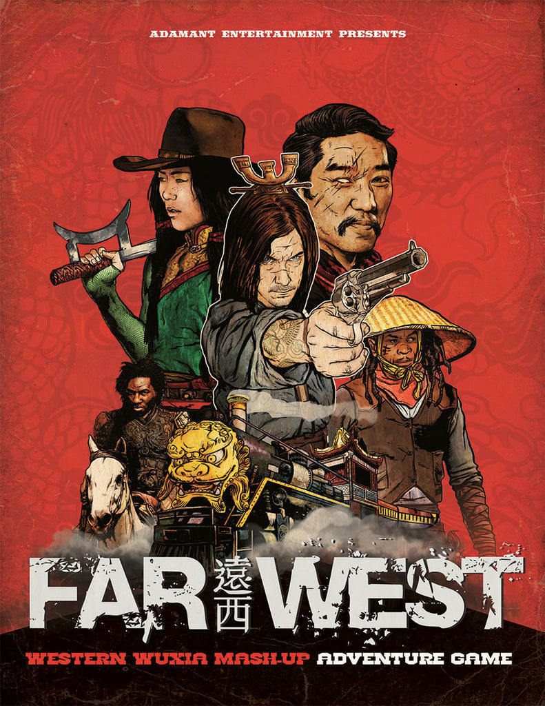 An assortment of characters and images stand out against a red background with traditional Japanese art-style dragon.  A steam train decorated with dragon mask; an armored warrior on horseback; a man points a revolver; another man is missing an eye; a young woman holds a hook sword.  Cover reads: "Far West: Western Wuxia Mash-up Adventure Game".