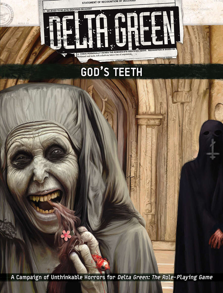 An aged decrepit lady with grey skin inhales what seems to be remnants of hair with a child's barrette in it along with an eyeball, in front of an ancient arched doorway as a masked cultist looks on. Cover reads: Delta Green, God's Teeth, A Campaign of Unthinkable Horrors for Delta Green the Role-playing Game 