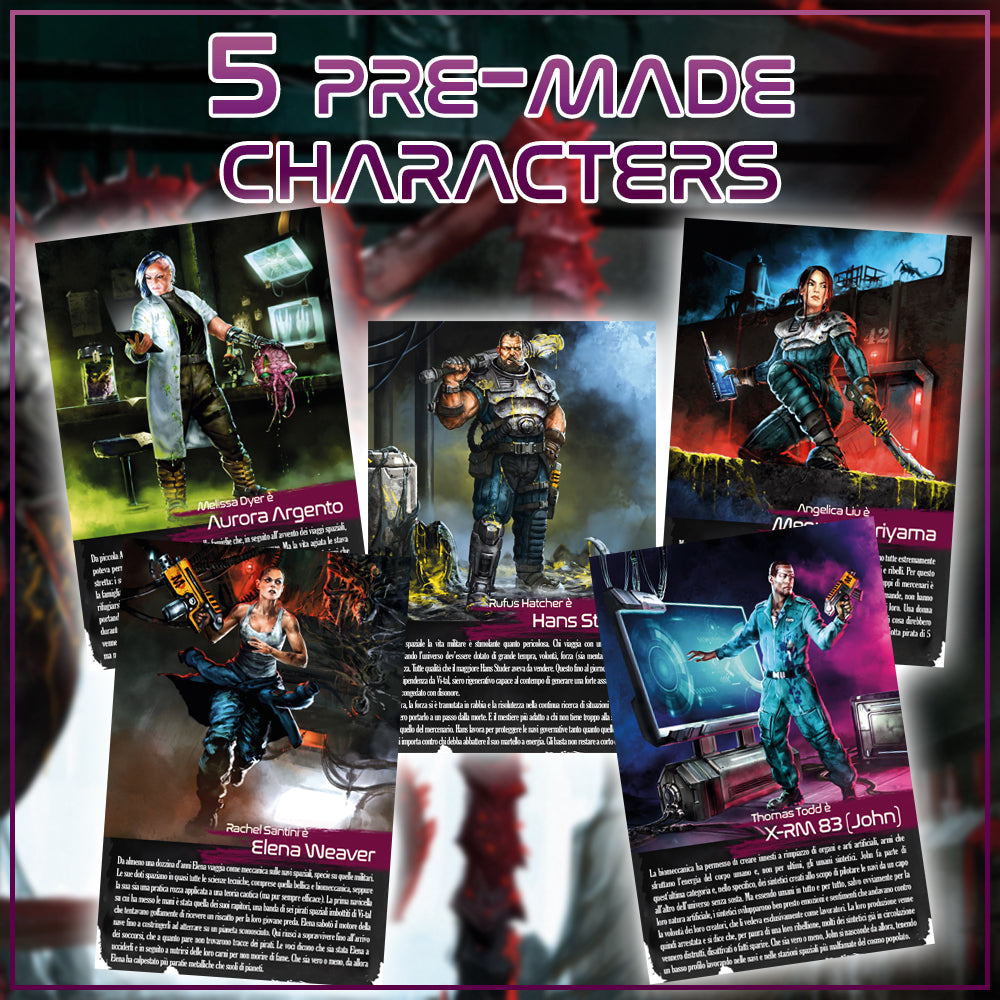 Text reads, "5 pre-made characters." 5 character cards are displayed.