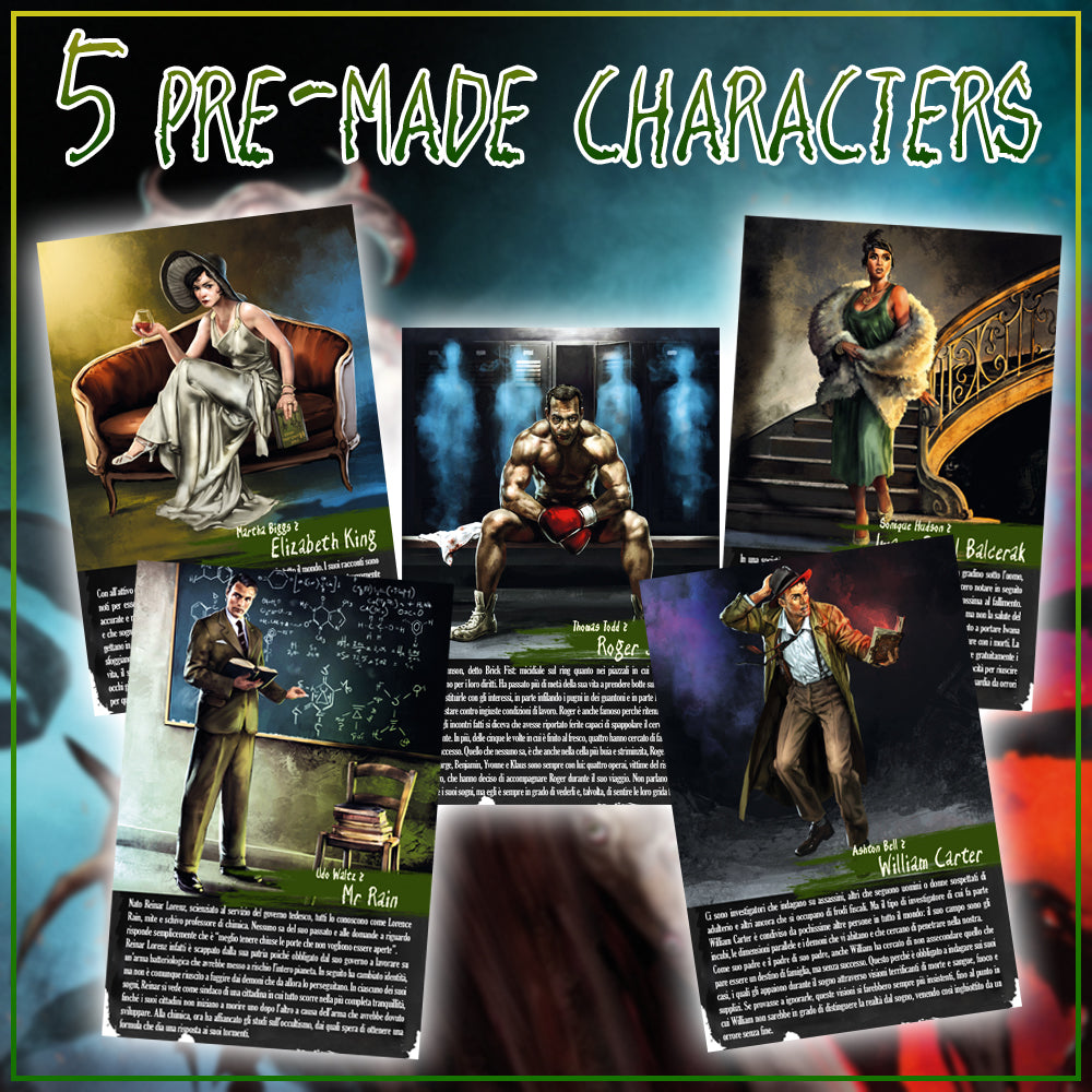 Text reads, "5 pre-made characters." 5 character cards are displayed.