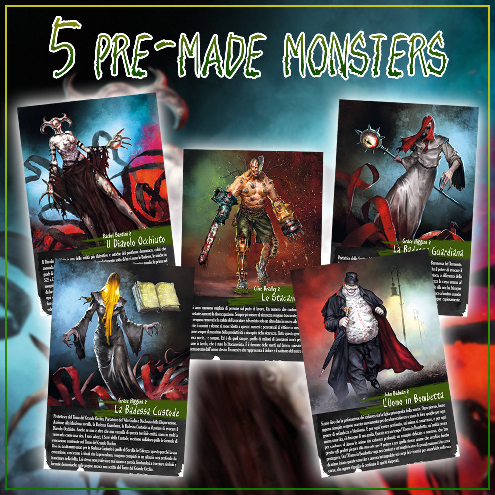 Text reads, "5 pre-made monsters." Picture displays 5 monster cards.