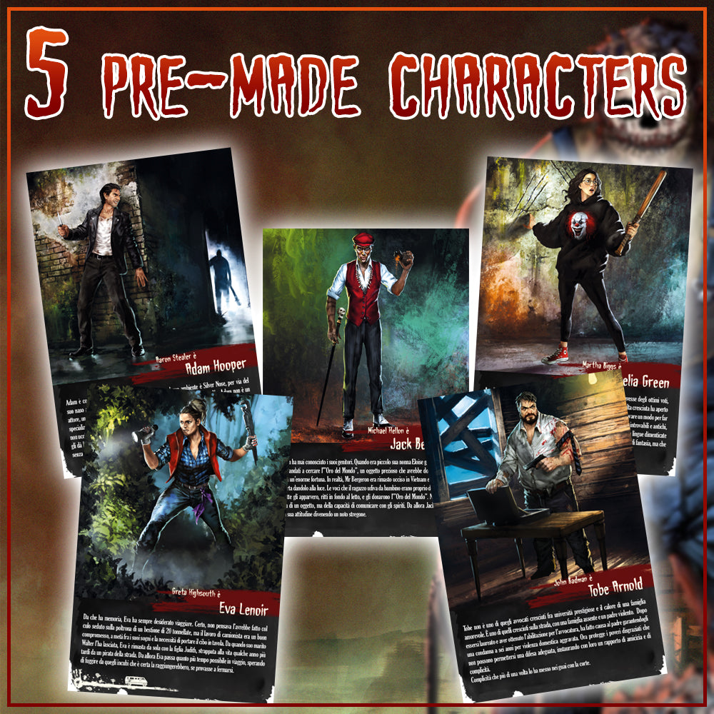 Text reads "5 Pre-made characters." The character cards are displayed.
