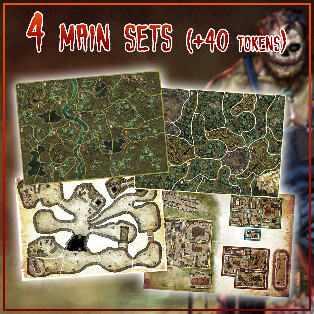 Text reads, "4 main sets (+40 tokens). Picture shows 4 terrain maps.