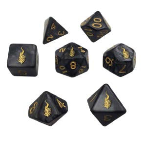 A set of 7 black die with gold numbers and a bespoke symbol on one face.