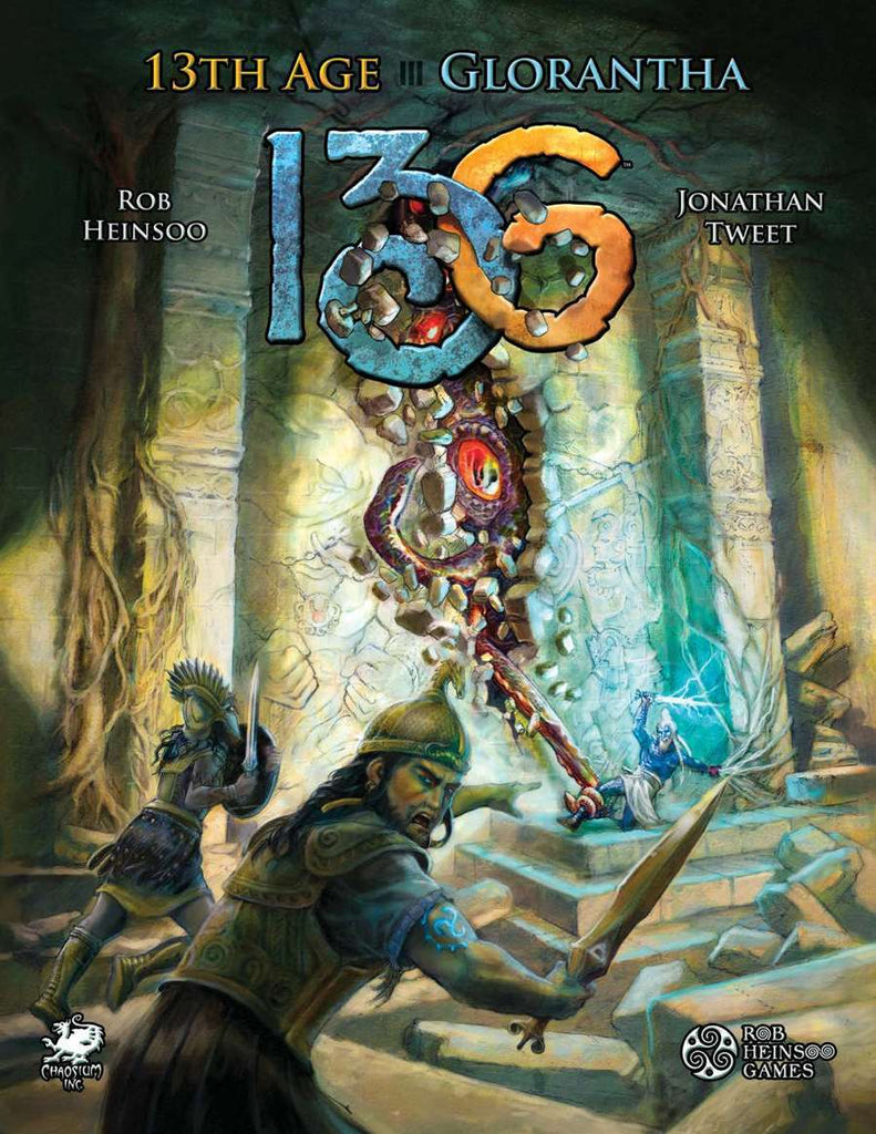 We see 3 adventures are caught unaware as a giant tentacled beast breaks through a thick stone wall in an ancient palatial ruin.  One of the party turns to call for aid as the beast has a member of their party caught in it's grasp.  Cover reads: "136". 13th Age: Glorantha. 