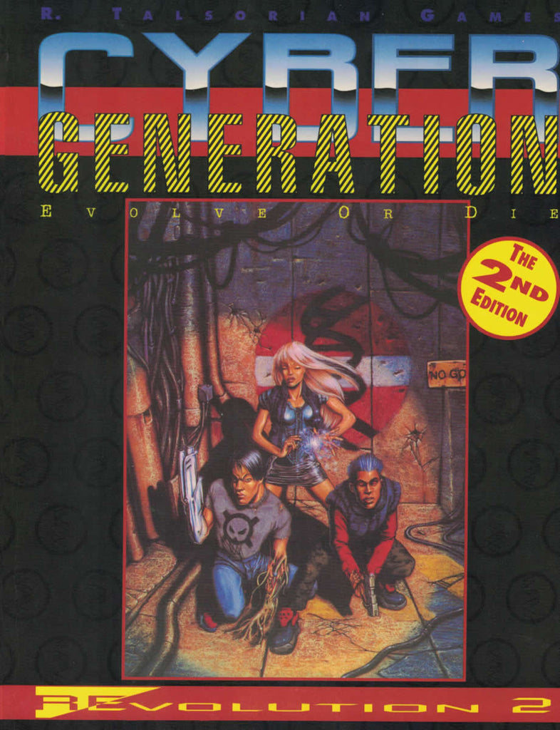 Three cybergeneration fighters are cornered and preparing for battle.  title reads, Cyber Generation, Evolve or Die, Revolution 2.
