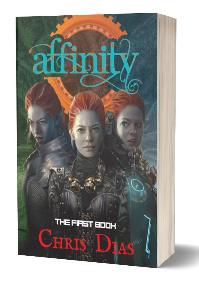 A pale, red haired woman appears in three outfits from different genres. "Affinity The First Book. Chris Dias."