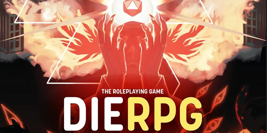 A faceless figure reaches for a shining d20 polyhedral as flames shoot from their eyes. Title reads: The Roleplaying Game - DIE RPG