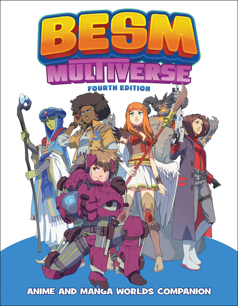 A group of young adventurers stands at the ready. "BESM Multiverse Fourth Edition. Anime and Manga Worlds Companion."