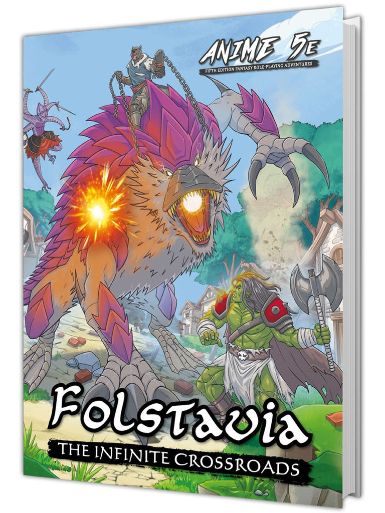 Three adventurers fight a chitinous, billed creature in the streets of a small town. "Anime 5E: Fifth Edition Fantasy Role-Playing Adventures. Folstavia, The Infinite Crossroads."