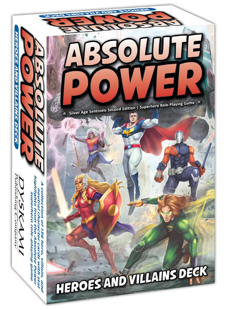 Various superhero archetypes, a speedster, an armored female warrior, a caped  flying strong-man holding up a car, a teched out masked vigilante and a floating staff wielding magic user, all prepare for battle amidst some city wreckage.  Cover reads: Absoltue Power, Silver Age Sentinels second Edition, Superhero Roleplaying Games, Heroes and Villians Deck.