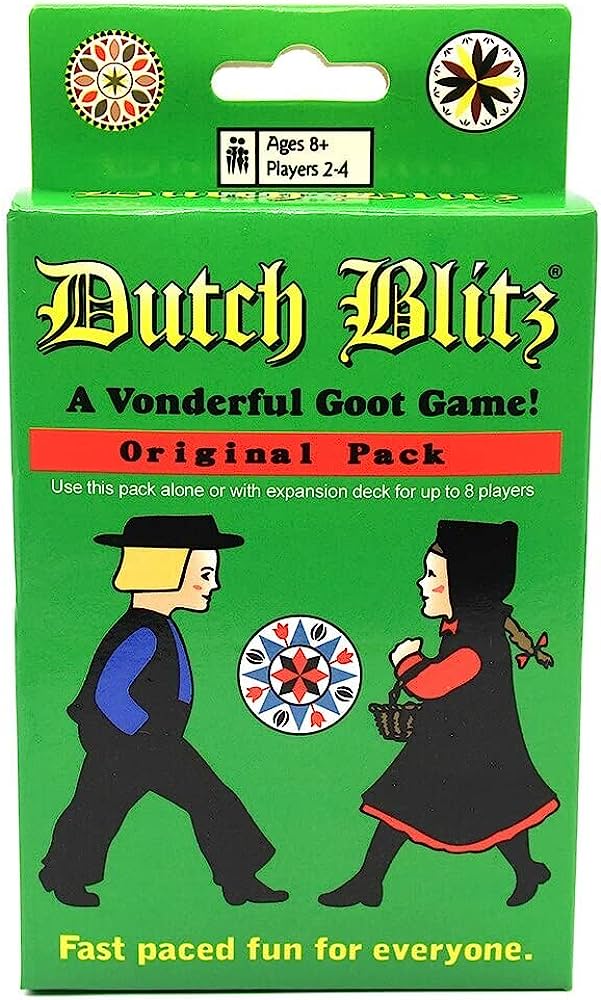 Green card box with a classically illustrated dutch man and woman and a little logo between them. Text reads, "Dutch Blitz A Vonderful Goot Game! original pack, use this pack alone or with expansion deck for up to 8 players. Fast paced fun for everyone. Ages 8+. Players 2-4."