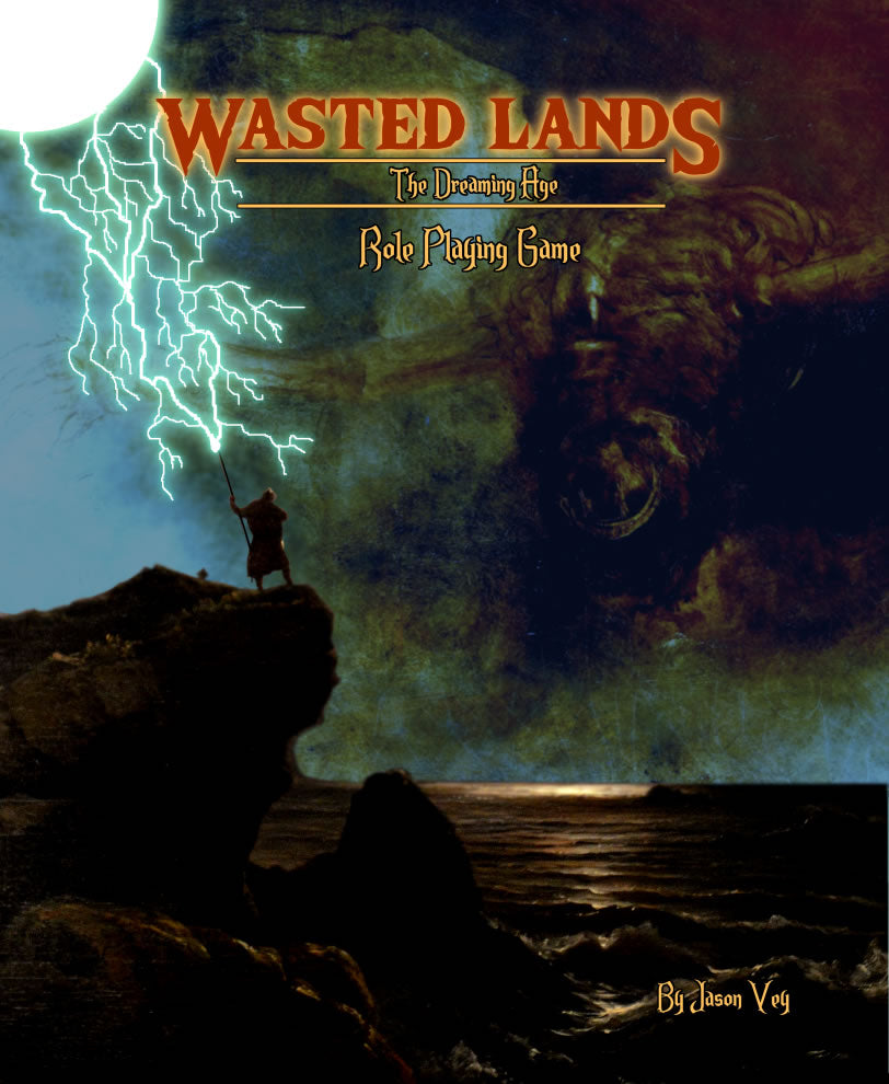 A wizard stands atop a seaside cliff as he harnesses lightning energy through his staff.  Cover reads: "Wasted Lands: The Dreaming Age".
