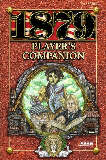 3 characters surrounded by little town buildings and a crowned lion and rabbit crest. Text reads, "1879 Player's Companion"