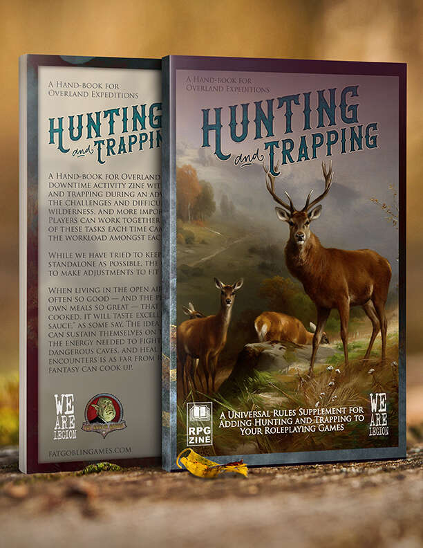 Four deer graze in a valley. "A hand-book for overland expeditions. Hunting and trapping. A universal rules supplement for adding hunting and trapping to your roleplaying games."