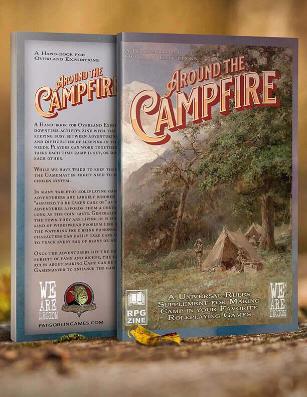 Two khaki tents with two humans in khaki are underneath a tree in a field. "A handbook for overland expeditions. Around the Campfire. A Universal rules supplement for making camp in your favorite roleplaying games."