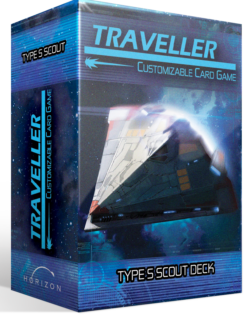A triangular spaceship speeds through space.  Text reads, "Traveller: Customizable Card Game Type S Scout Deck."