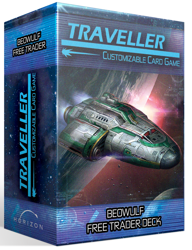 A spaceship with green accents flies away from a planet with a pink sun in peaking through behind. Text reads, "Traveller: Customizable Card Game. Beowulf Free Trader Deck."