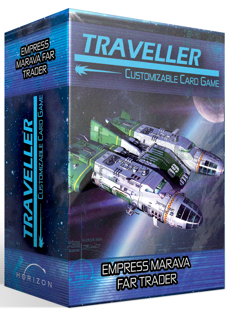 A spaceship with green details drifts above a planet. Text reads, "Traveller: Customizable Card Game. Empress Marava Far Trader."