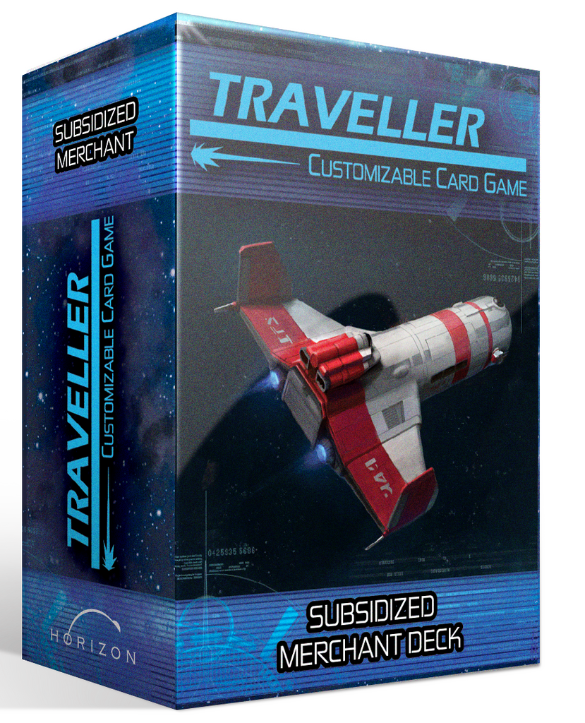 A spaceship with red banding flies through space with thrusters lit. Text reads, "Traveller: Customizable Card Game. Subsidized Merchant Deck."