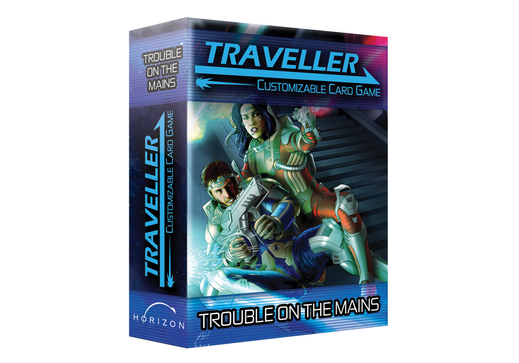 Two humans in spacesuits fire guns at an unseen enemy while crouching against a well. Text reads, "Traveller: Customizable Card Game. Trouble on the Mains."
