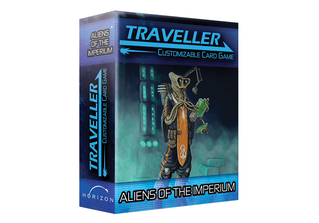 An alien creature works on a couple of tablets in a spaceship environment. Text reads, "Traveller: Customizable Card Game. Aliens of the Imperium"