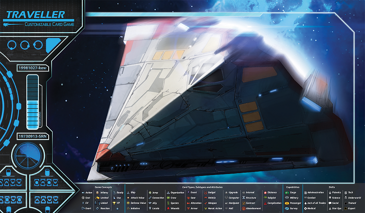 A triangular spaceship speeds through space. An icon key spans across the bottom of the playmat.