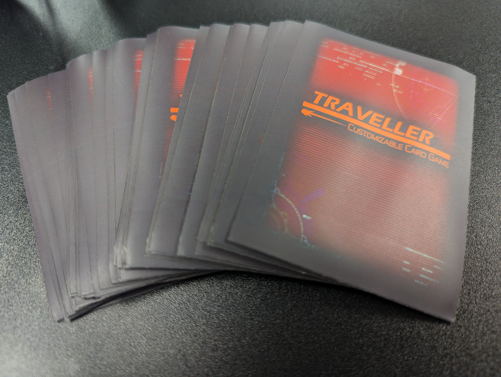 Card sleeves with the Traveller font on a red background, "Traveller: Customizable Card Game"