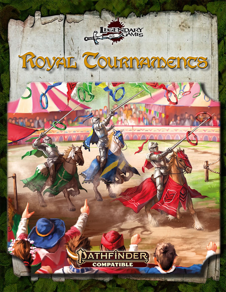 Three knights compete in front of a crowd in a ring game on horeseback. "Royal Tournaments"