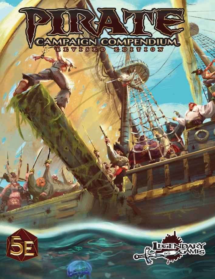 A manacle man stands at the end of a plank while pirates aboard the ship point their weapons at him. Cover Reads: Pirate Campaign Compendium Revised Edition