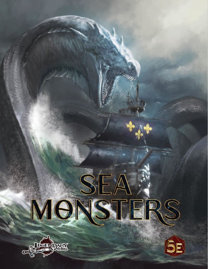 A ship attempts to sail out of the clutches of the coils of a giant sea monster  amid stormy seas. Cover Reads: Sea Monsters for 5E