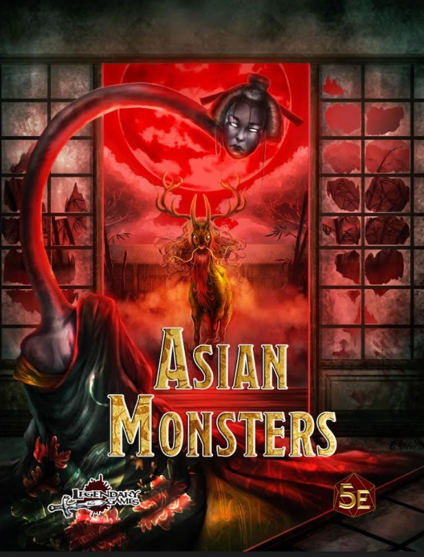 Asian themed monsters stare at you  while standing in front of a blood red moon amidst a decaying house. Title reads: Asian Monsters for 5E.