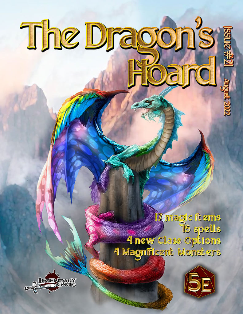 A rainbow dragon with some feathers on its wings and dots throughout, curls around a tall tree stump against a background of mountains. Text reads, "The Dragon's Hoard Issue #21. august 2022. 17 magic items, 15 spells, 4 new class options, 4 magnificent monsters."