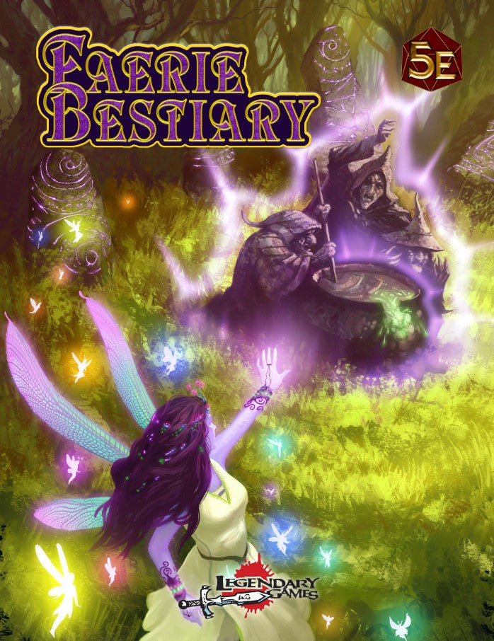 A winged fairy casts a spell on a group of three witches around a boiling over cauldron amidst the forest in a stone circle. Cover reads: faerie Bestiary, 5E.