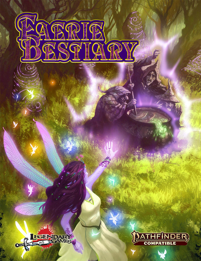 A winged fairy casts a spell on a group of three witches around a boiling over cauldron amidst the forest  in a stone circle. Cover reads: faerie Bestiary, Pathfinder Compatible.