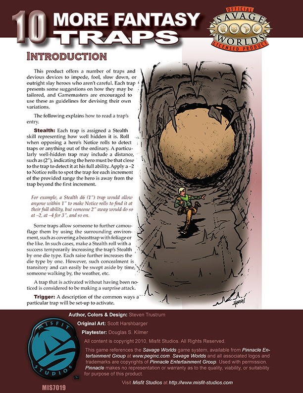 A lone adventurer runs for dear life as a massive boulder threatens to crush him.  Stalactites shatter against the force of this massive stone. Text includes: "10 More Fantasy Traps".